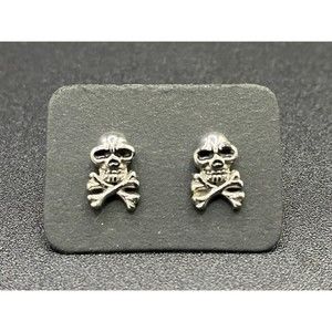 Silver Tone Skull and Cross Bones Jolly Roger Stud Earrings